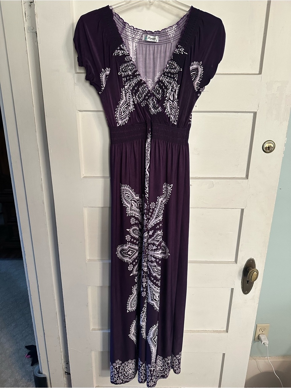 Purple Paisley V-Neck Maxi Dress with Smocked Waist